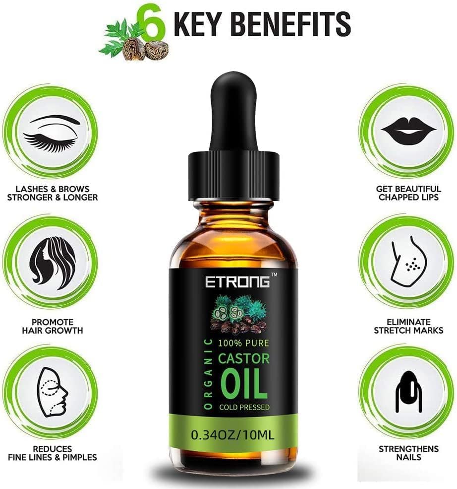 Organic Castor Oil,Pure Cold Pressed Castor Oil for Eyebrows,Eyelashes,Hair Growth,Nails,and Skin with 1 Set of Eyebrow&Eyeliner Brushes (10 ml)