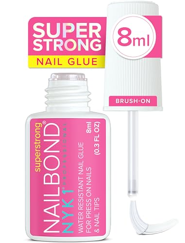 Super Strong Nail Glue for Press On Nails, Tips & False Nails (8ml) NYK1 NailBond Brush On Nail Glue Extra Strong for Press Ons, Tips & Acrylics – Long Lasting, Maximum Strength, Mess-Free Application